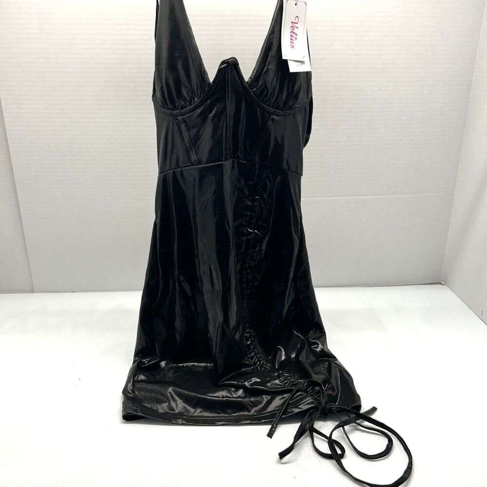 Velius Bustier Halter Tie Ruched Side Mini Shiny Black Dress Clubwear Bodycon M